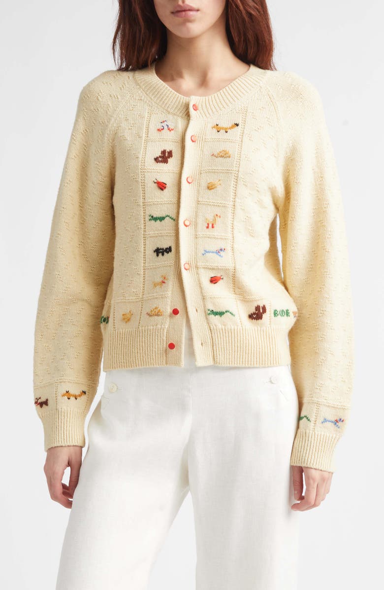 Bode Zoologist Embroidered Merino Wool & Alpaca Cardigan, Main, color, Cream