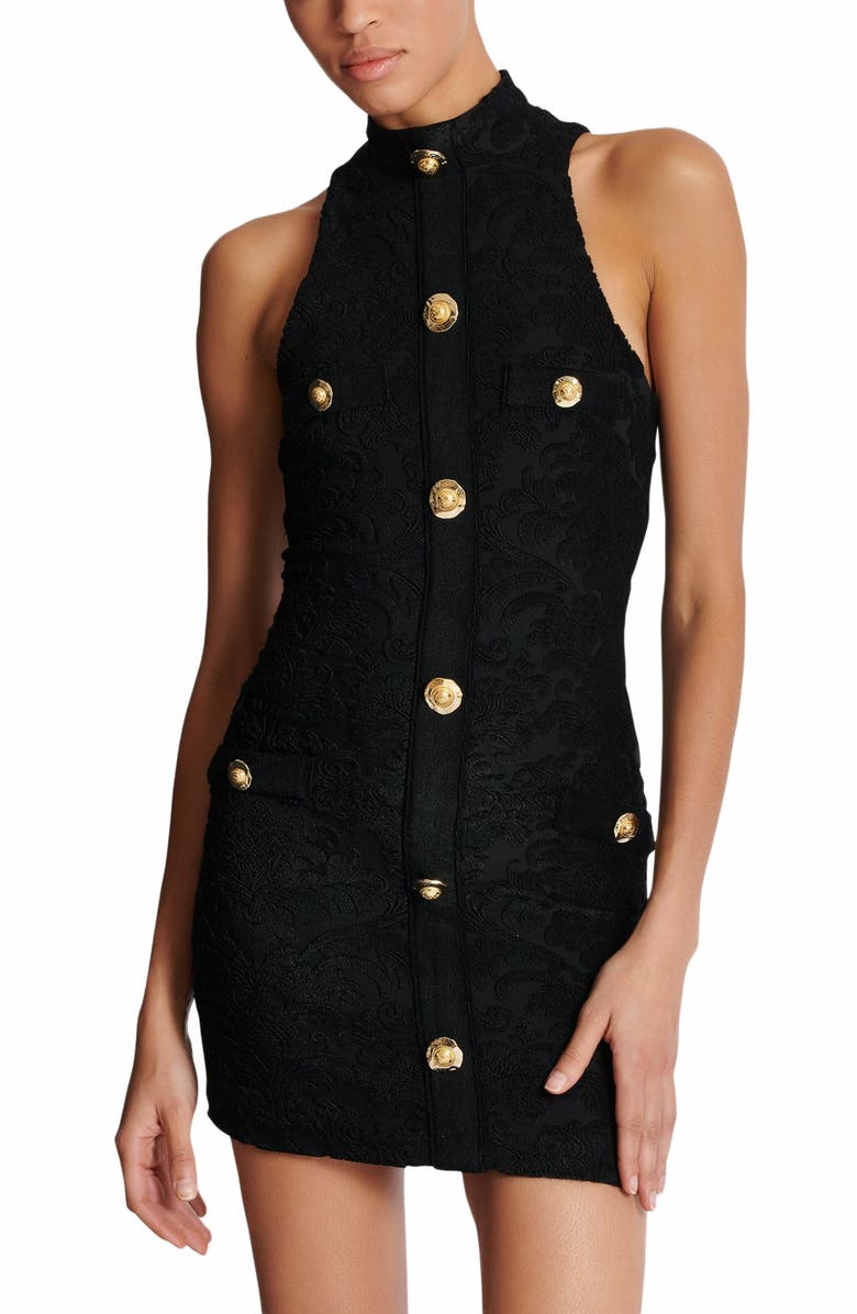 Balmain Baroque Pattern Short Bodycon Dress, Alternate, color, Black