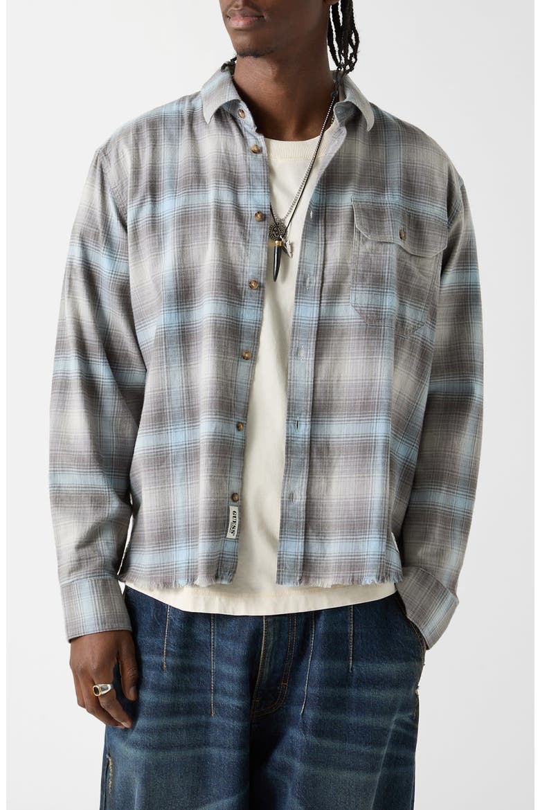 Boxy Fit Plaid Crop Flannel Button-Up Shirt, Main, color, BLUE/ GREY