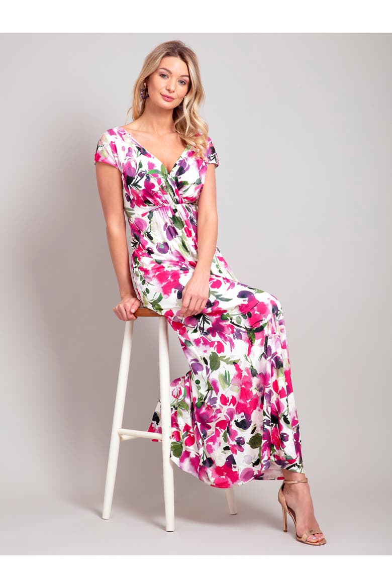 Sophia V-Neck Short Sleeve Maxi Dress, Alternate, color, Fuchsia Florals