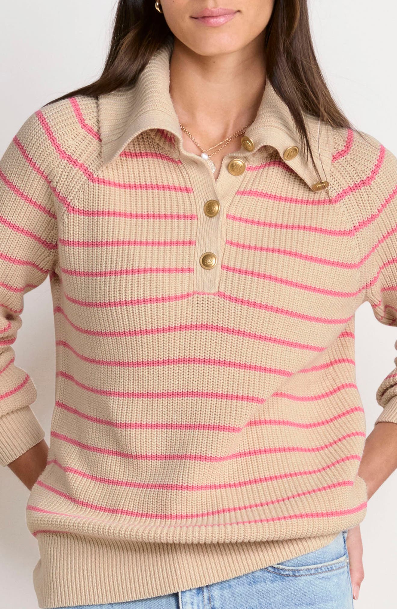 Stripe Half Button Sweater