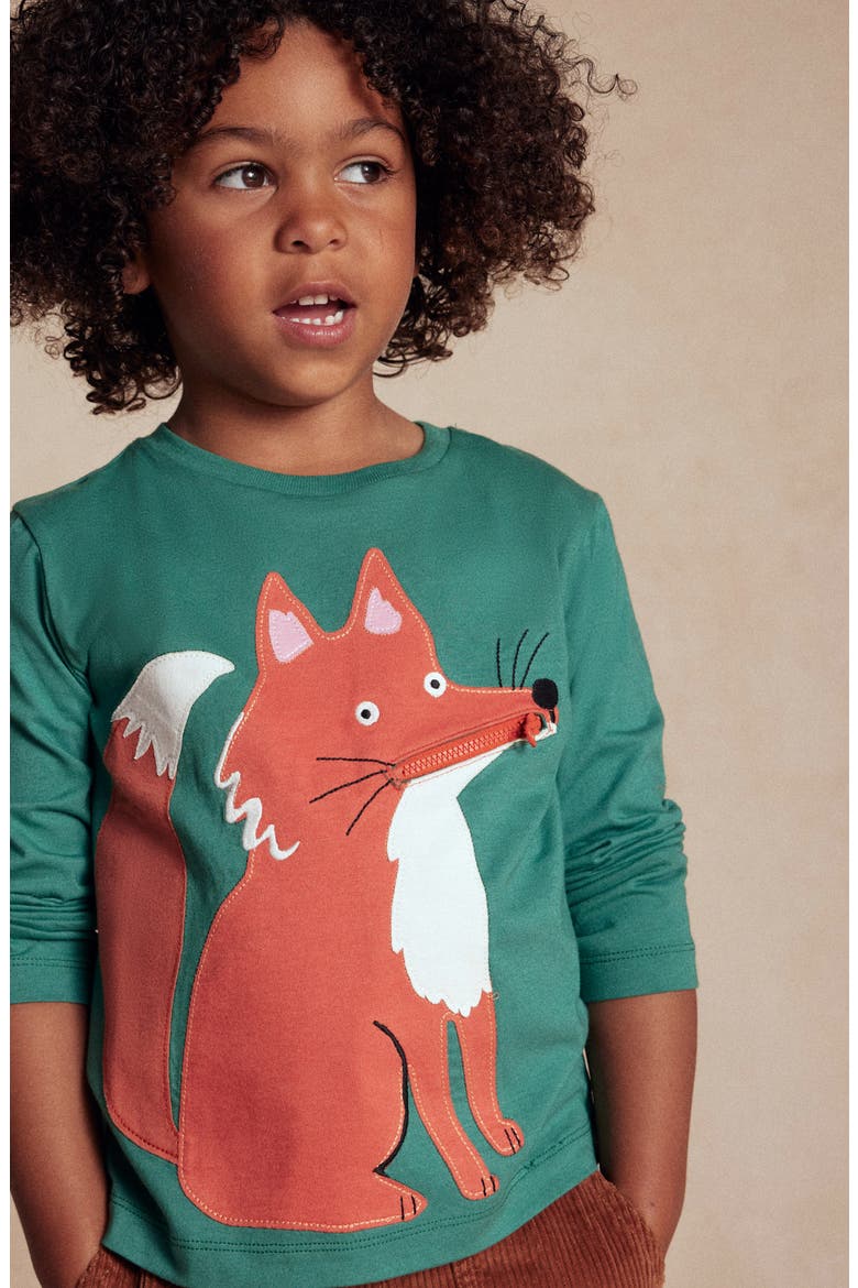Kids' Fox Appliqué Long Sleeve Cotton Pocket T-Shirt, Alternate, color, SHADY GREEN FOXES