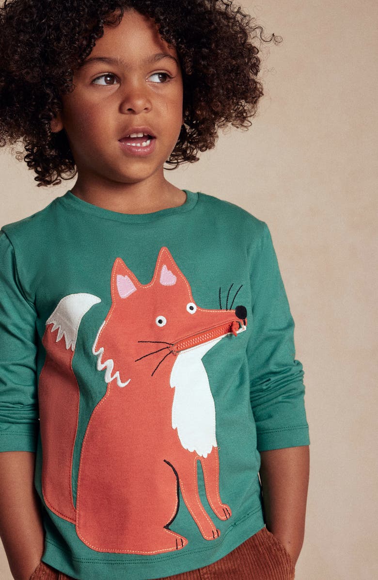 Mini Boden Kids' Fox Appliqué Long Sleeve Cotton Pocket T-Shirt, Alternate, color, Shady Green Foxes
