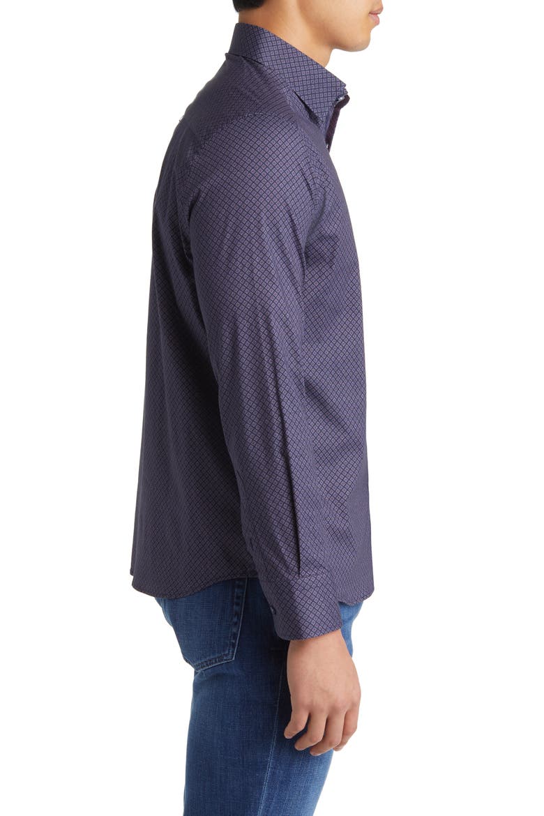 Geometric Print Stretch Button-Up Shirt, Alternate, color, NAVY