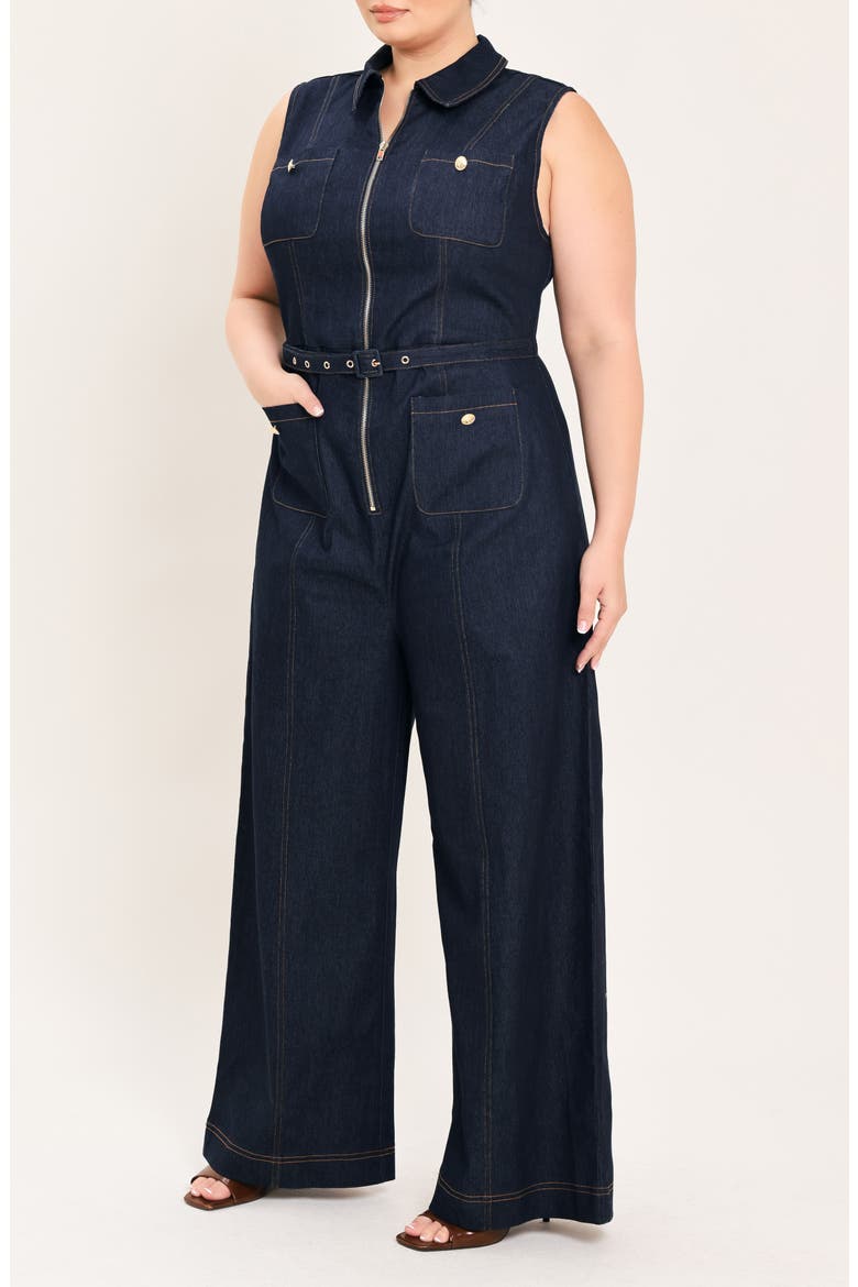 Zip Front Wide Leg Denim Jumpsuit, Alternate, color, DARK DENIM