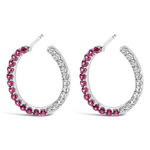 Sterling Silver Lab Created Ruby and White Sapphire Hoop Earrings