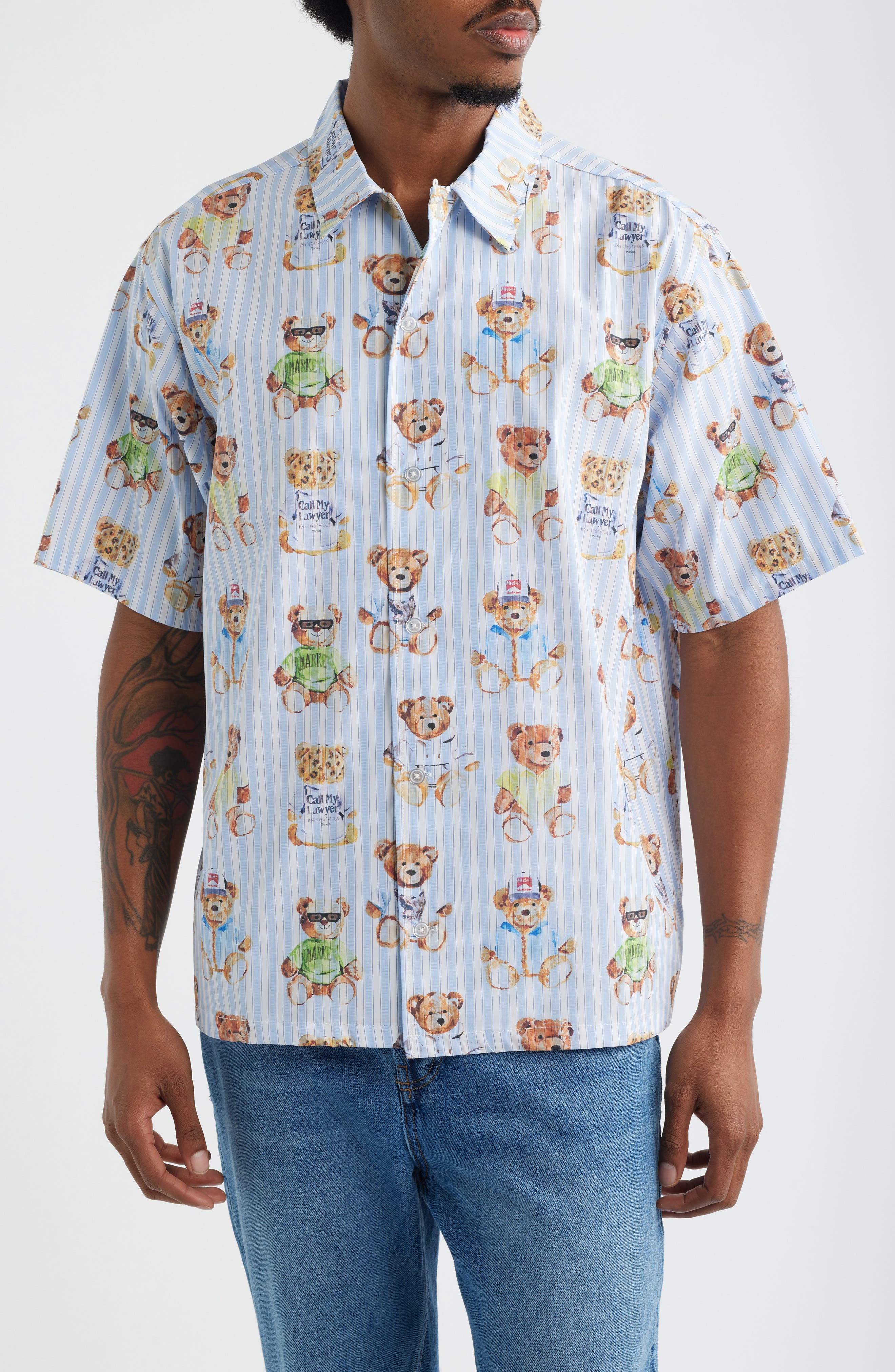 Stripe Teddy Graphic Button-Up Shirt