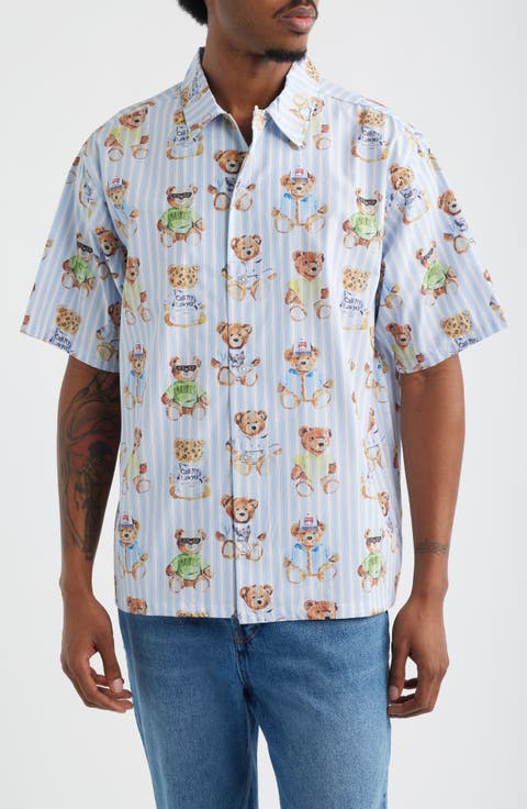 Stripe Teddy Graphic Button-Up Shirt