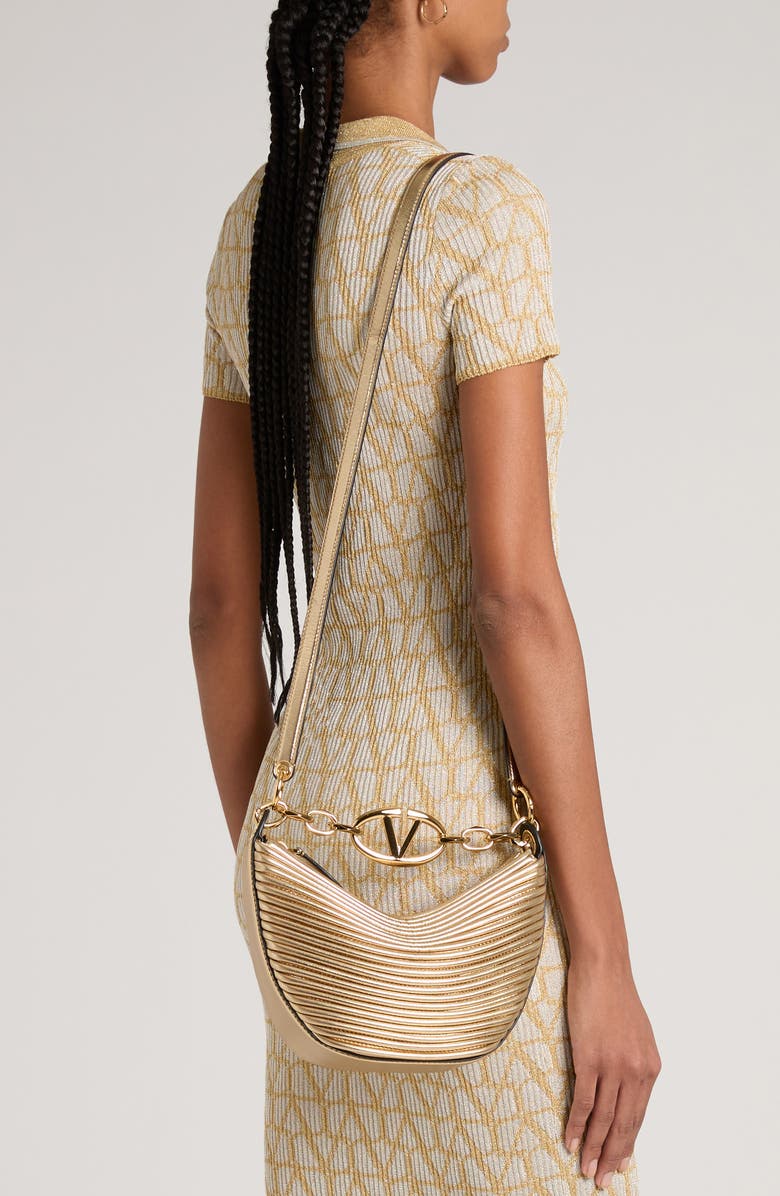 Valentino Garavani Small VLOGO Moon Metallic Lambskin Hobo Bag with Chain, Alternate, color,