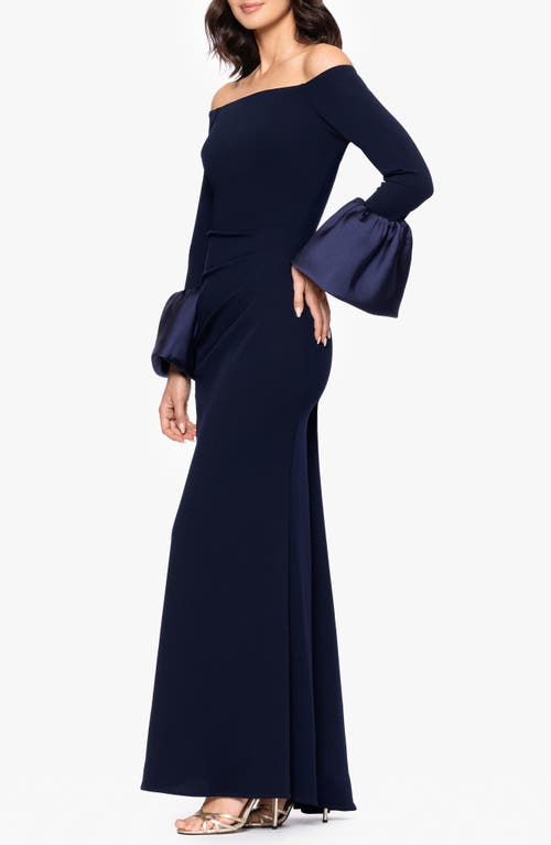 Betsy & Adam Off The Shoulder Long Sleeve Scuba Crepe Gown In Blue