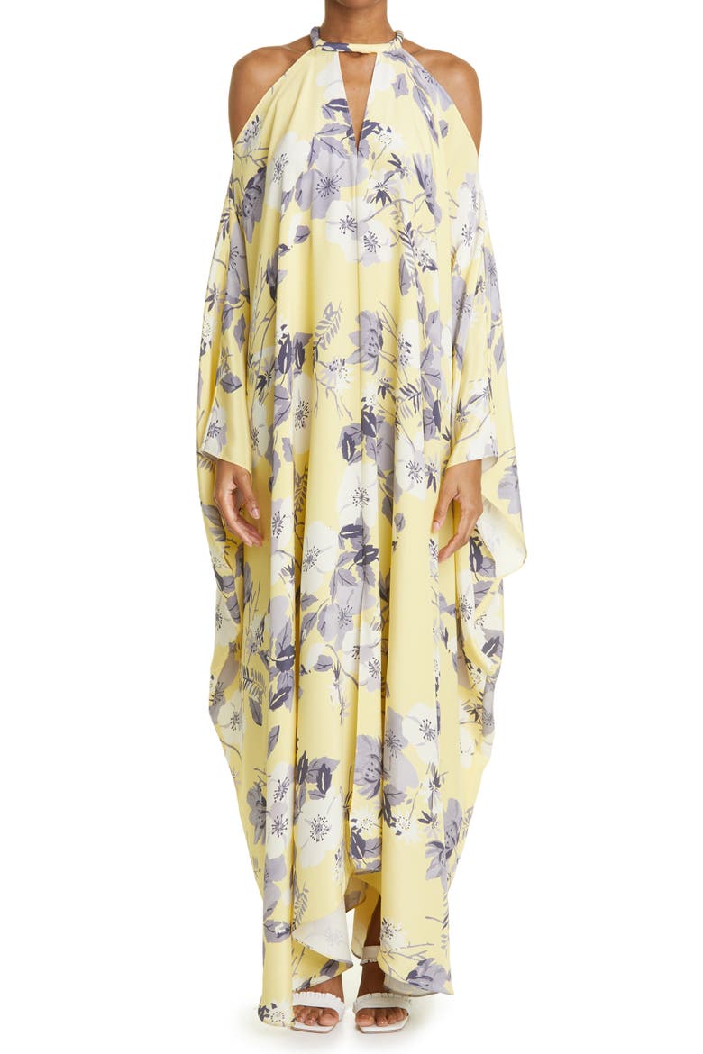 Floral Print Silk Maxi Dress, Main, color, YELLOW/ GREY MULTI