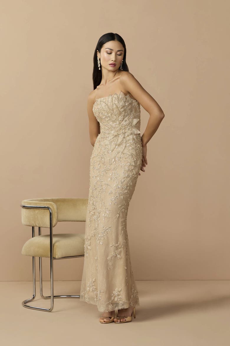 Petite Strapless Embellished Lace Gown with 3D Flower, Alternate, color, Gold