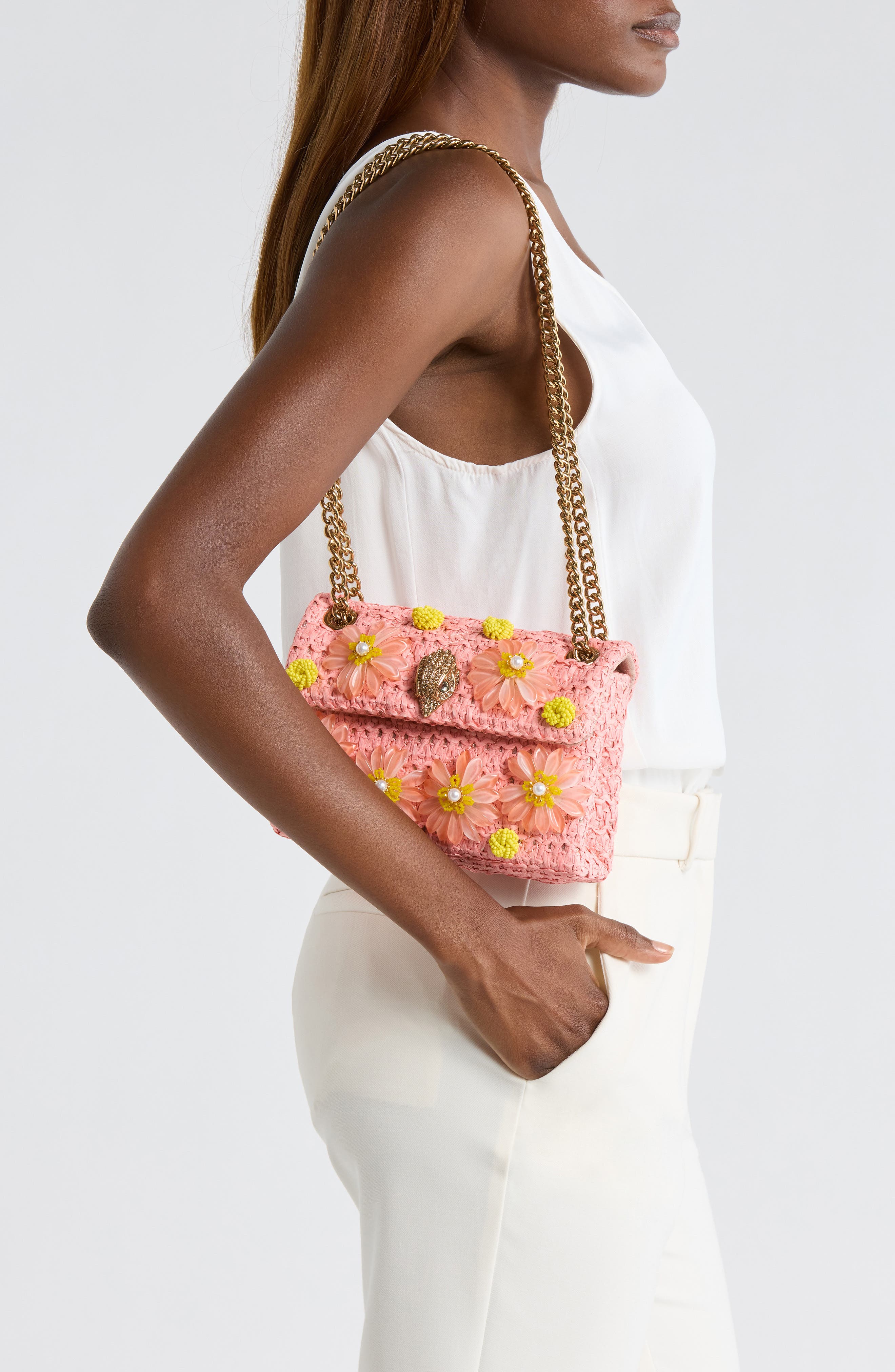 Kurt Geiger London Mini Kensington Raffia Convertible Shoulder Bag, Alternate, color, Light Pink/ Pastel Orange