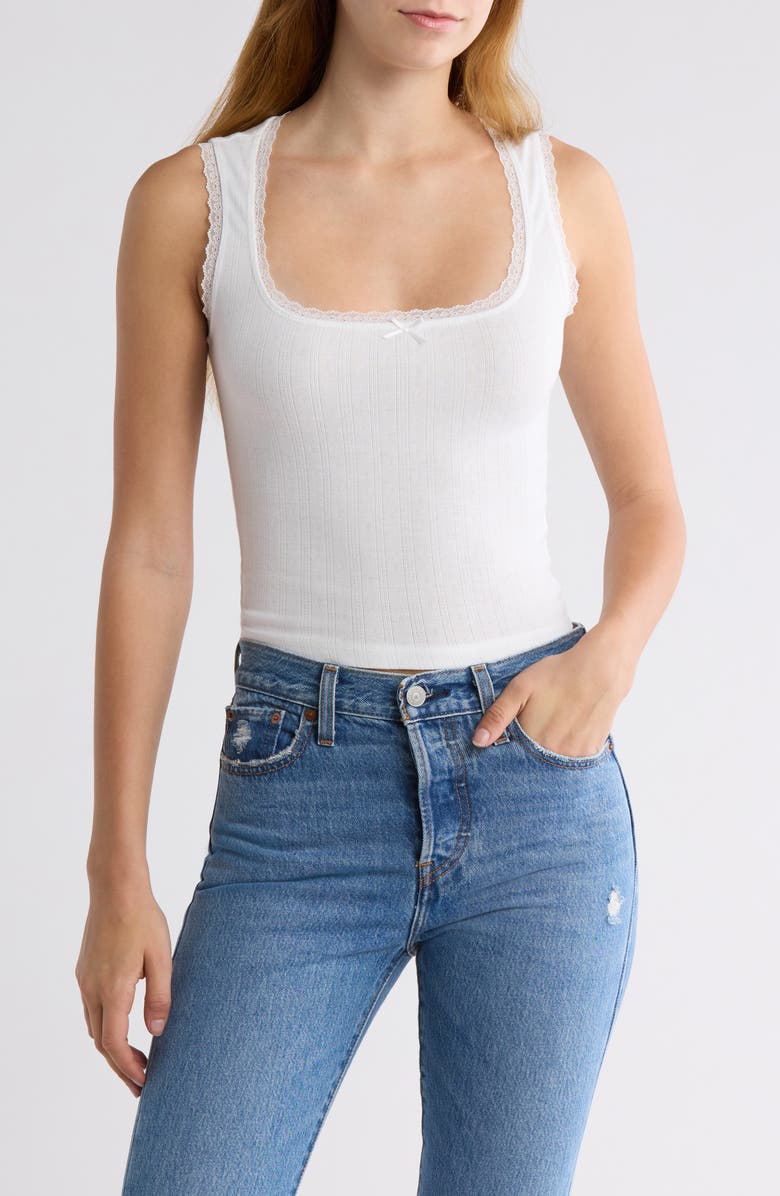 All in Favor Lace Trim Pointelle Crop Tank, Main, color, White