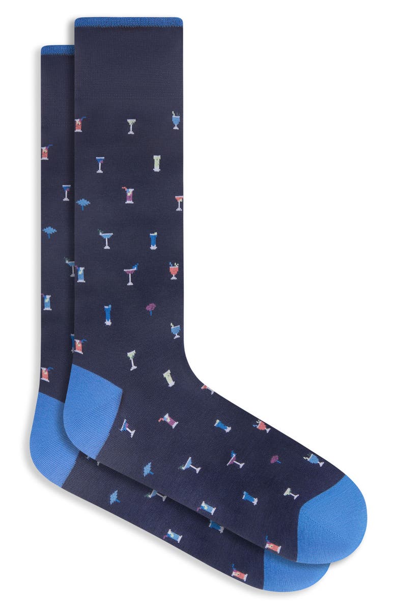 Bugatchi Cocktail Pattern Mercerized Cotton Blend Dress Socks, Main, color, Navy
