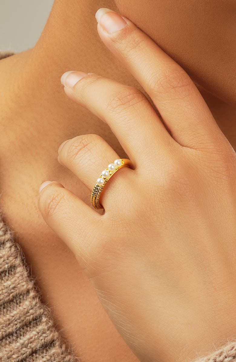 Sterling Forever Evelyn 2.8mm Cultured Pearl & Cubic Zirconia Ring, Alternate, color, Gold