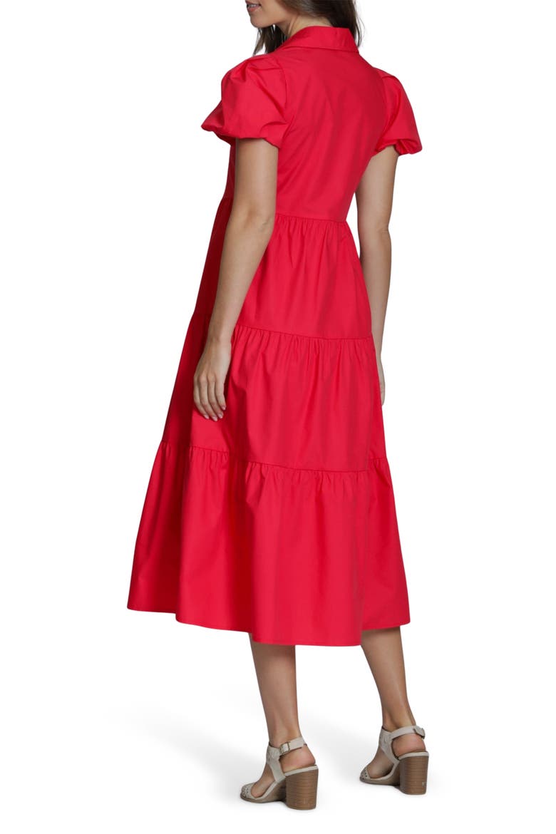 Puff Sleeve Tiered Cotton Midi Dress, Alternate, color, RED