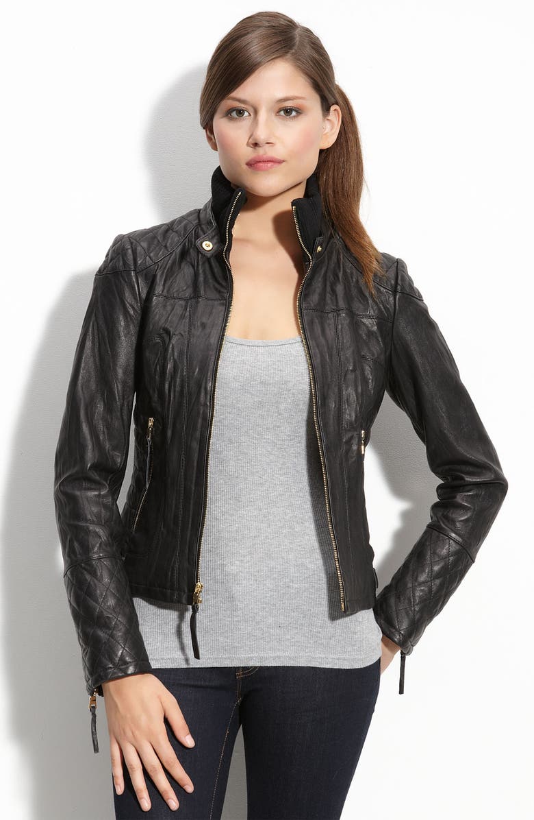 bebe Quilted Lambskin Leather Jacket, Alternate, color, 