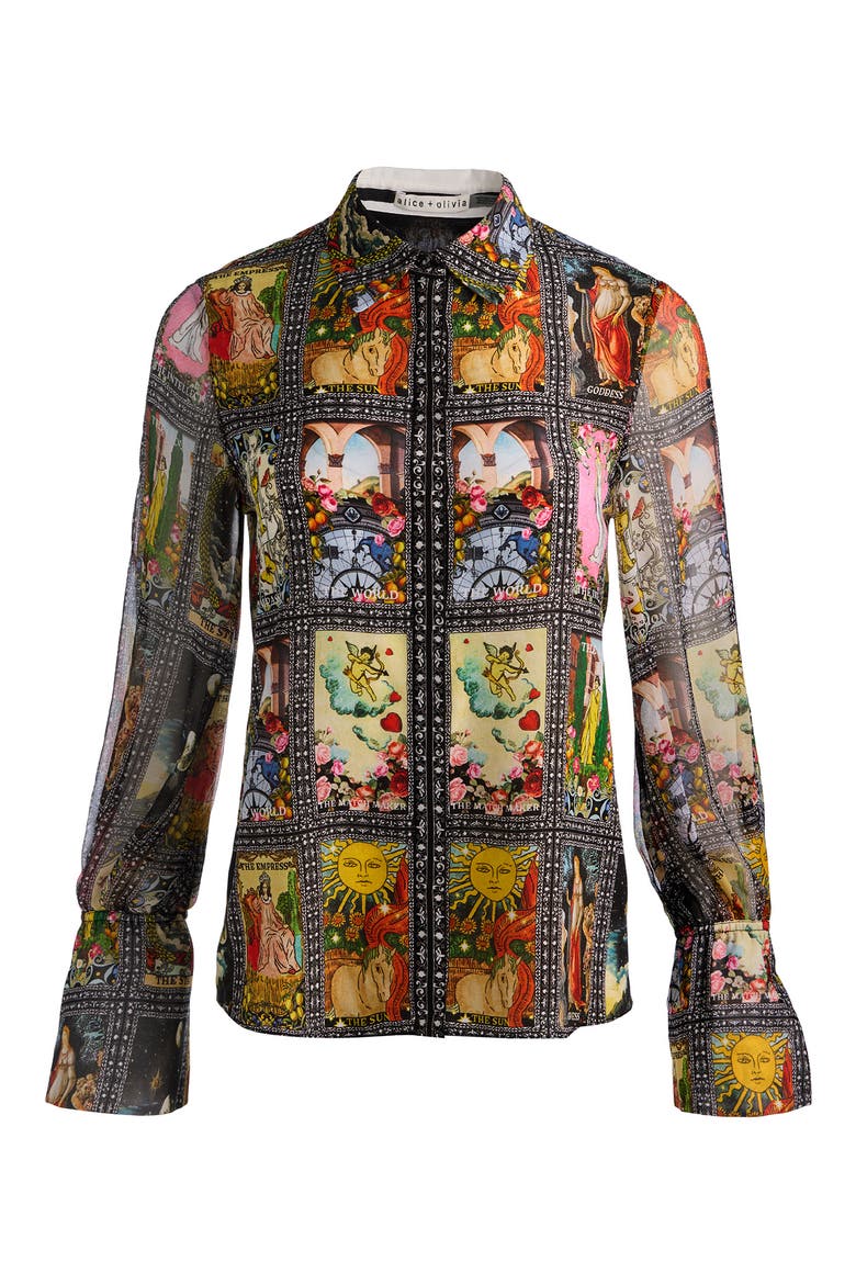 Tarot Card Print Silk Button-Up Shirt, Alternate, color, ENCHANTED TAROT
