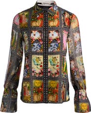 Alice + Olivia Tarot Card Print Silk Button-Up Shirt