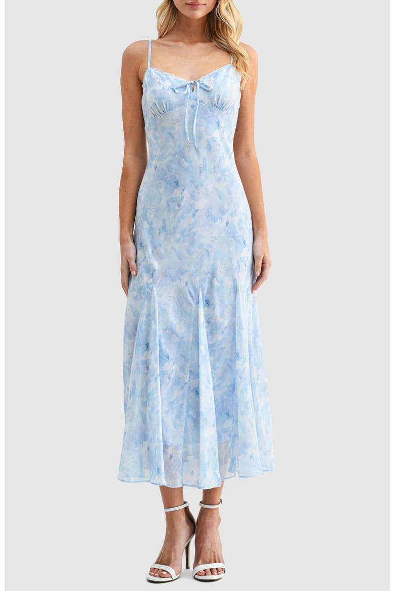 Floral V-Neck Tie Midi Dress, Main, color, BLUE FLORAL