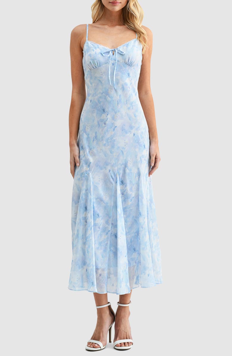 Lush Floral V-Neck Tie Midi Dress, Main, color, Blue Floral