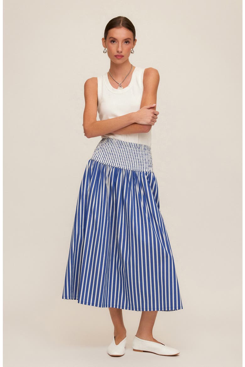 Rhea Smocked Waist Stripe Midi Skirt, Alternate, color, INDIGO