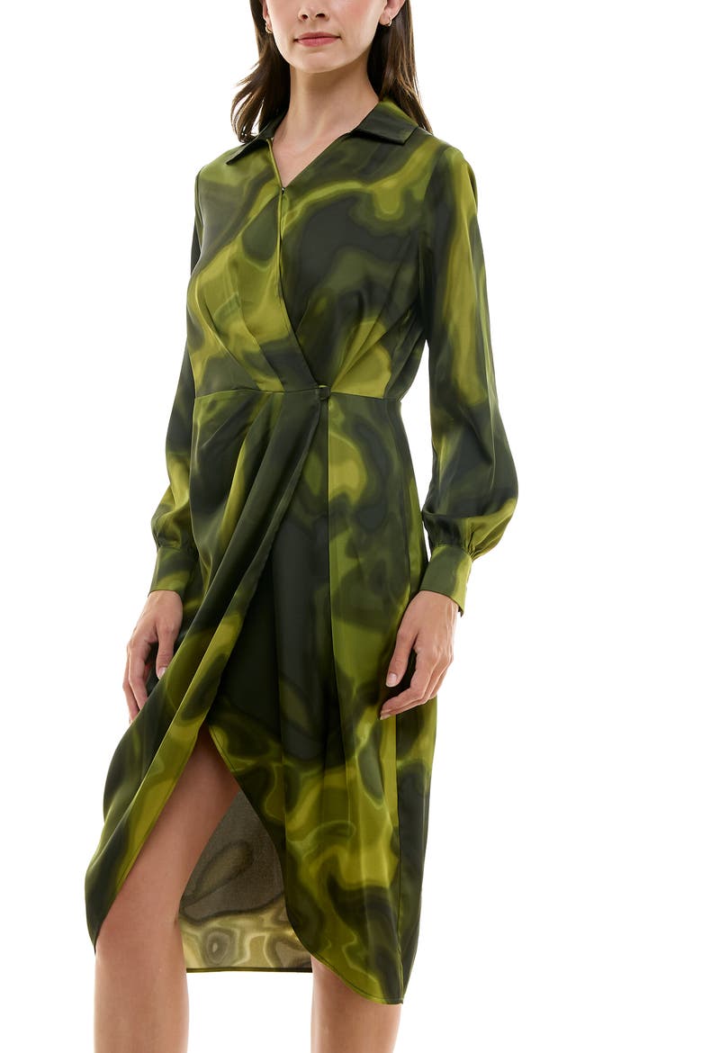 Surplice Long Sleeve Midi Dress, Alternate, color, GREEN PRINT