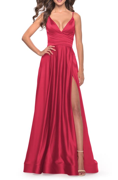 Long Satin Dress with Side Slit and V Shaped Back