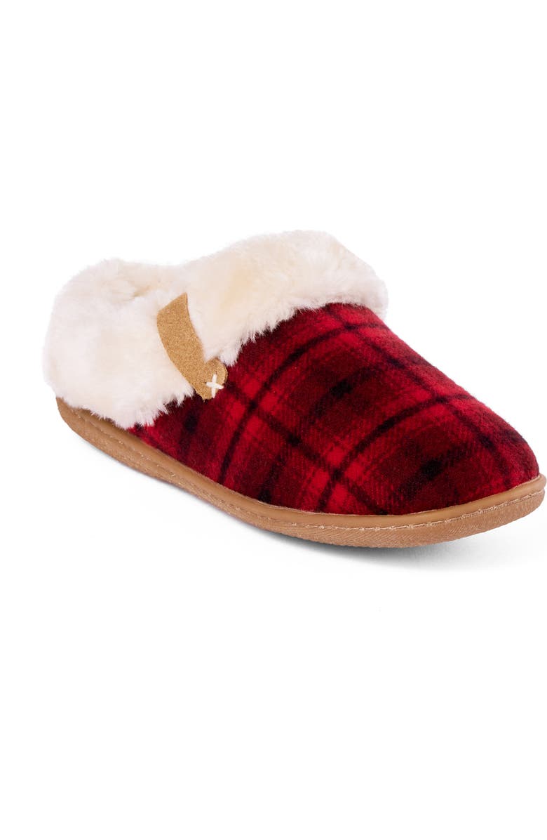 Minnetonka Camp Collar Faux Fur Scuff Slipper, Main, color, Red Plaid