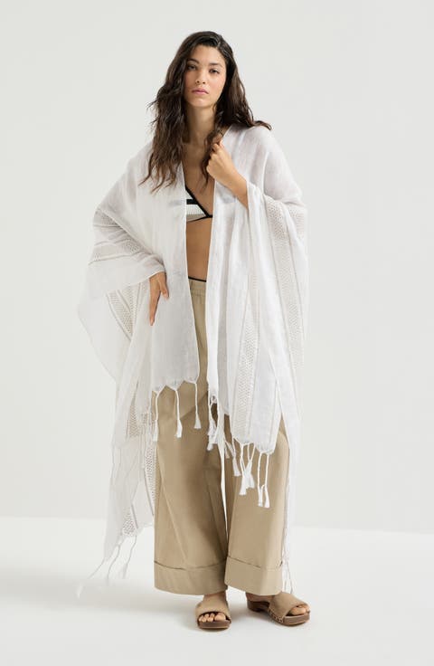 Linen poncho with broderie anglaise