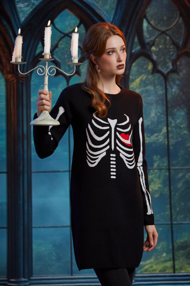 The Love Remains Halloween Sweater Dress, Alternate, color, Black Skelly