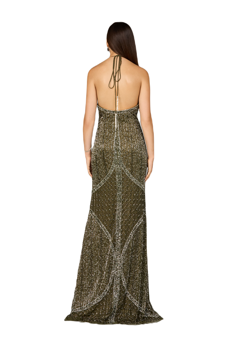 Symmetrical Halter Neck Beaded Gown, Alternate, color, Olive