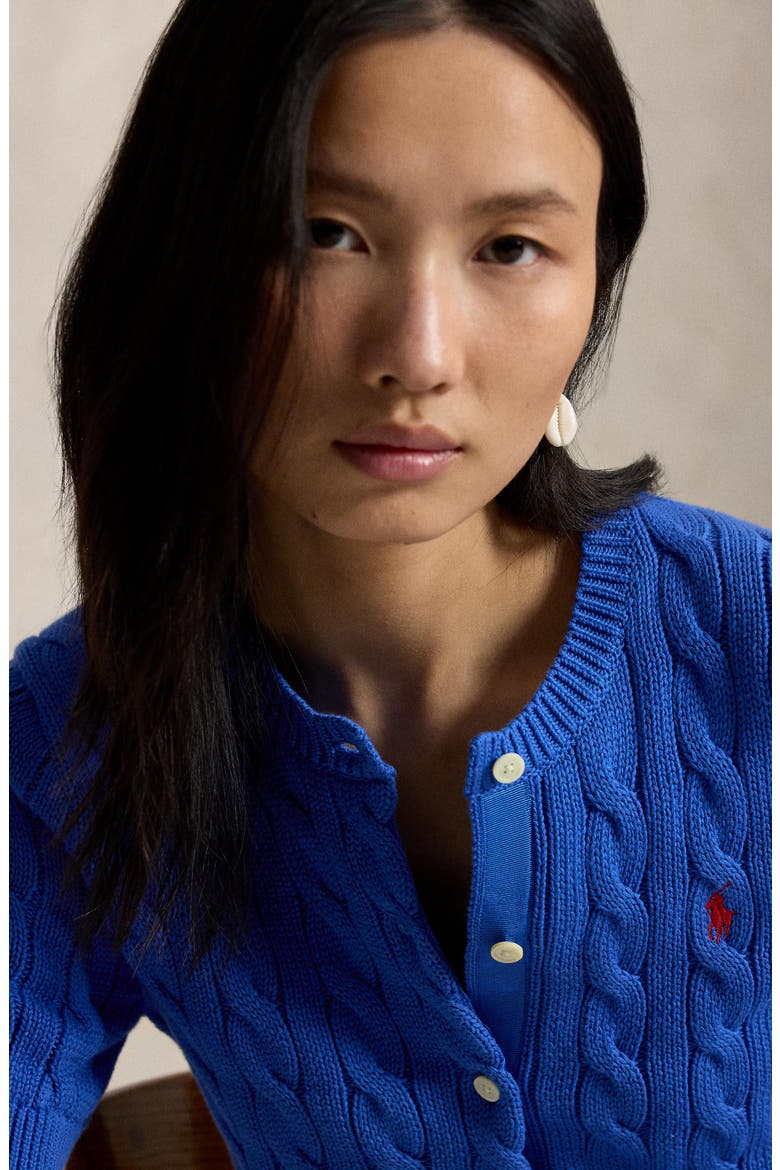 Short Sleeve Cable Stitch Cardigan, Alternate, color, GALA BLUE