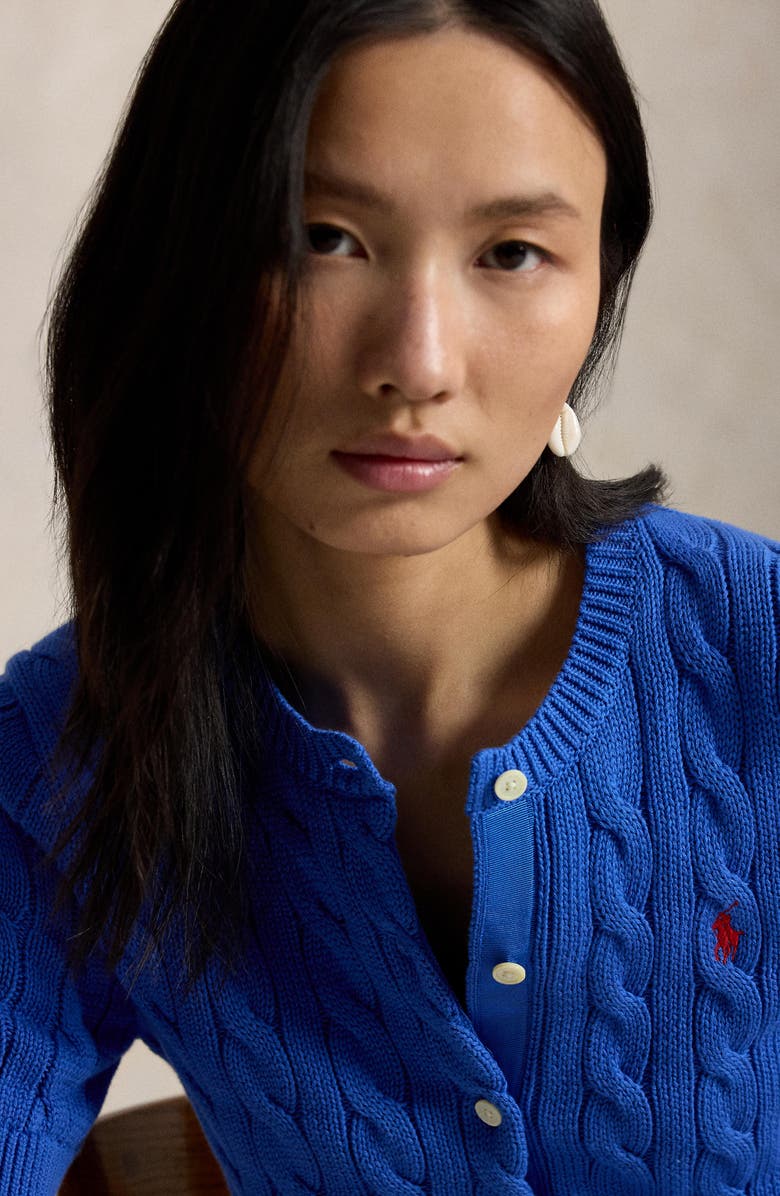 Polo Ralph Lauren Short Sleeve Cable Stitch Cardigan, Alternate, color, Gala Blue