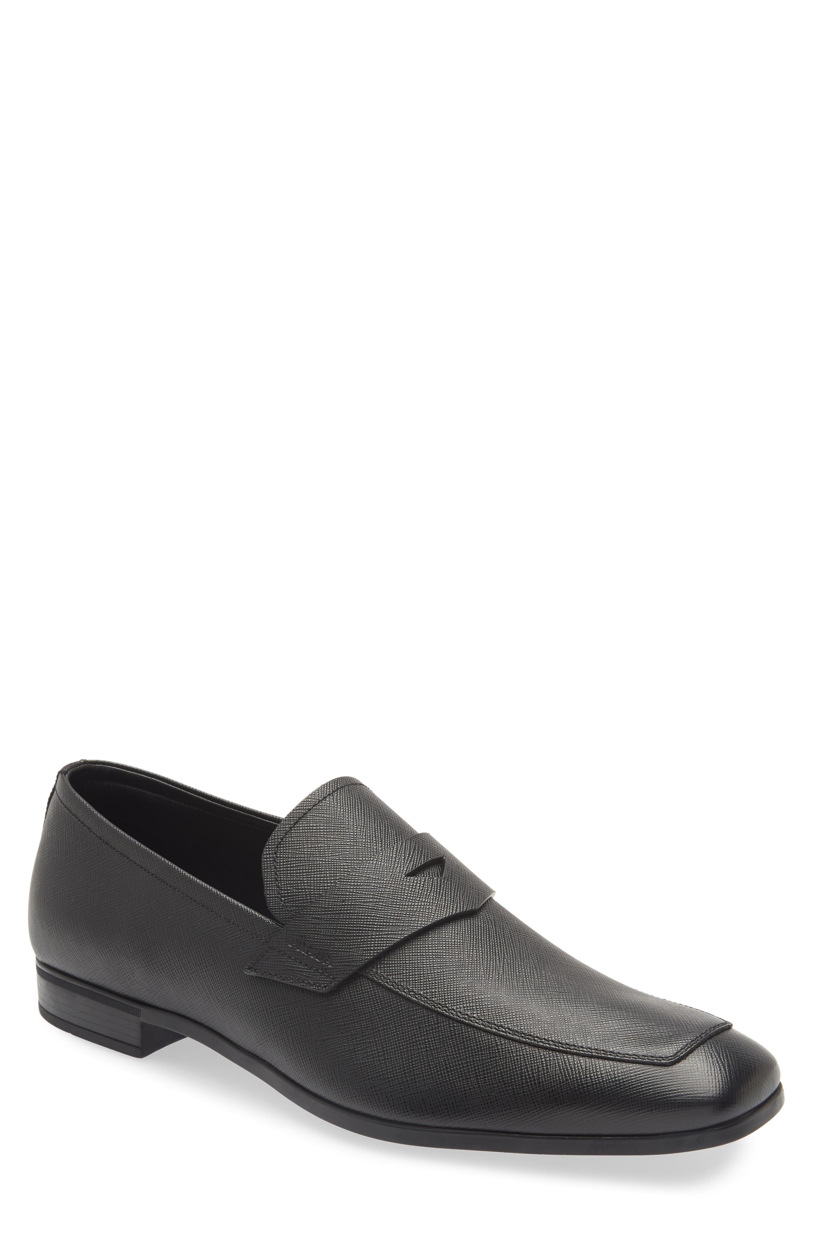 Prada Saffiano Leather Penny Loafer, Alternate, color, Black