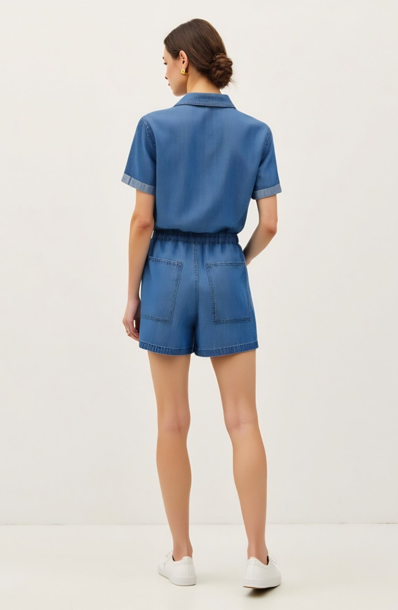 Modenaire Utility Button-Up Denim Romper with Pockets and Drawstring Waist, Alternate, color, Denim Blue