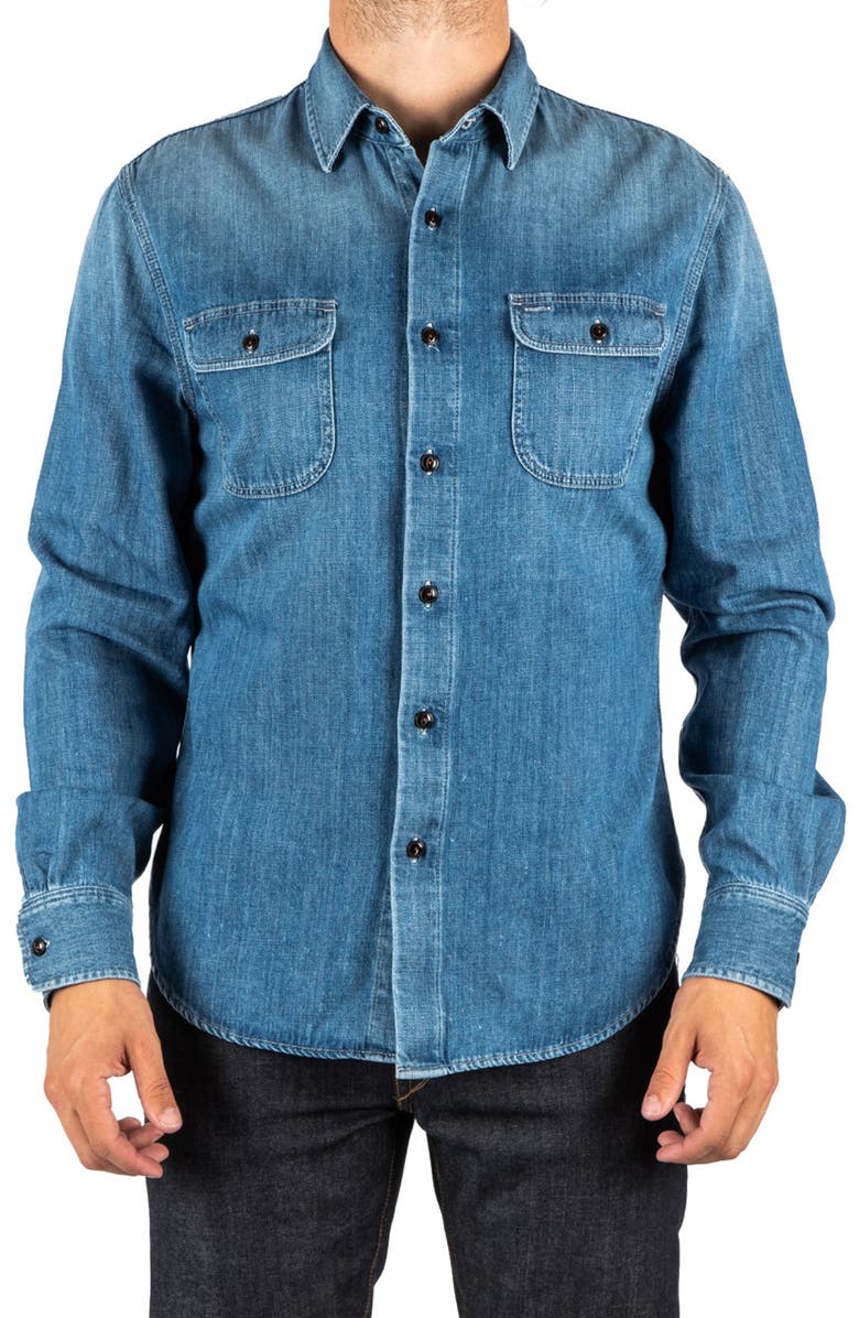 HIROSHI KATO The Brace Loose Weave Denim Button-Up Shirt, Main, color, Dee
