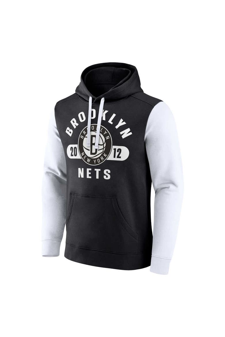 Men's Fanatics Black/White Brooklyn Nets Attack Colorblock Pullover Hoodie, Alternate, color, Black