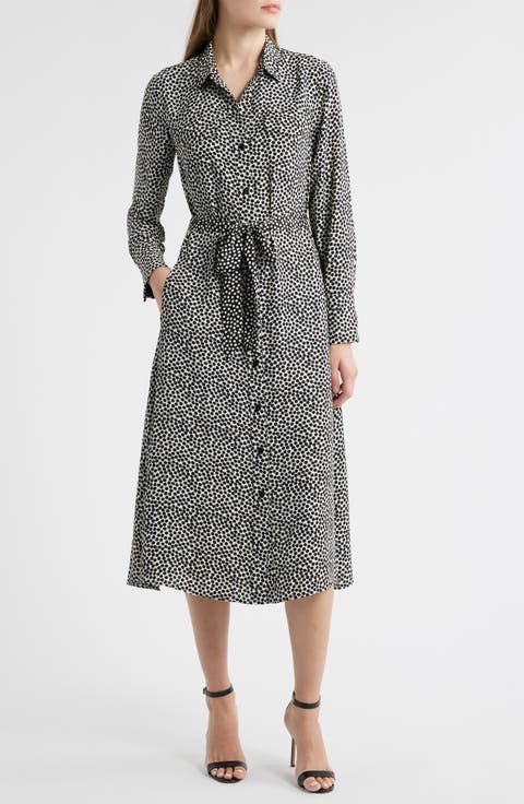 Spotted Around Long Sleeve Midi Shirtdress