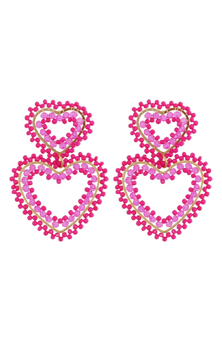 Panacea Beaded Double Heart Drop Earrings, Main, color, Pink