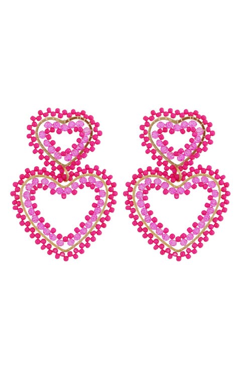 Beaded Double Heart Drop Earrings
