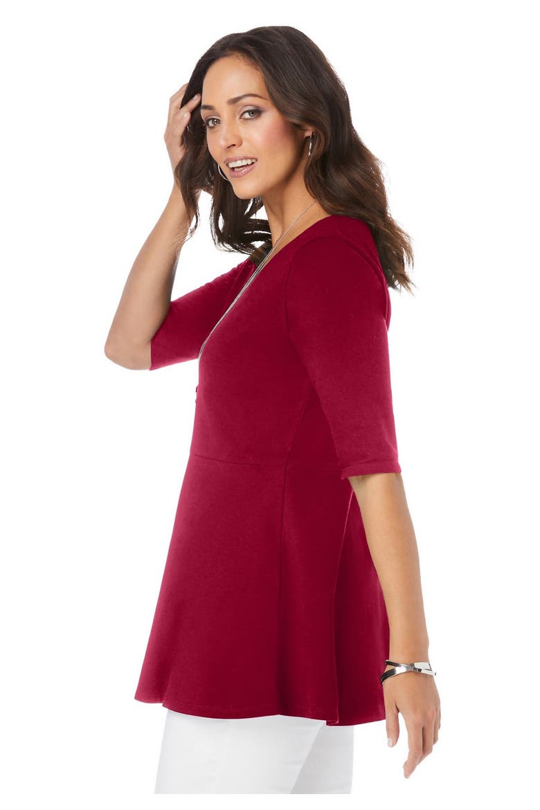 Stretch Cotton Peplum Tunic, Alternate, color, RICH BURGUNDY