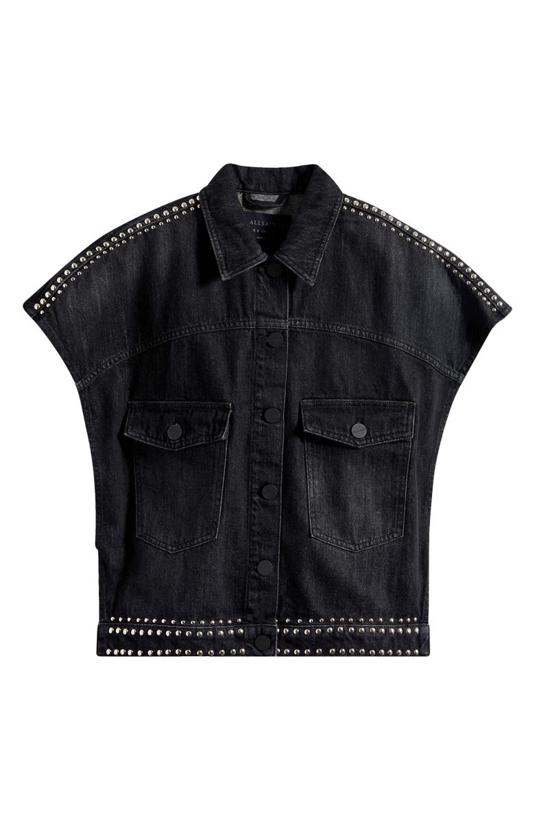 AllSaints Alba Stud Detail Sleeveless Denim Jacket, Main, color, Shadow Black