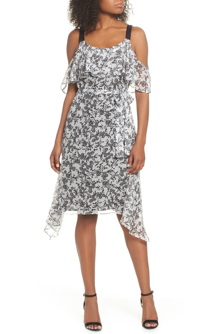 Cold Shoulder Chiffon Dress, Main, color, WHITE/ BLACK