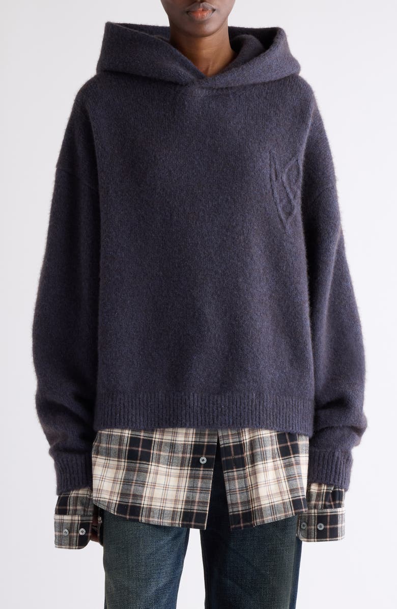 Acne Studios Krisp Layered Yak Hair & Alpaca Blend Sweater Hoodie, Main, color, Graphite Grey