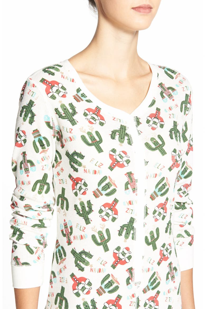 'Holiday Cactus' Thermal One-Piece Pajamas, Alternate, color, IVORY EGRET FELIZ NAVIDAD