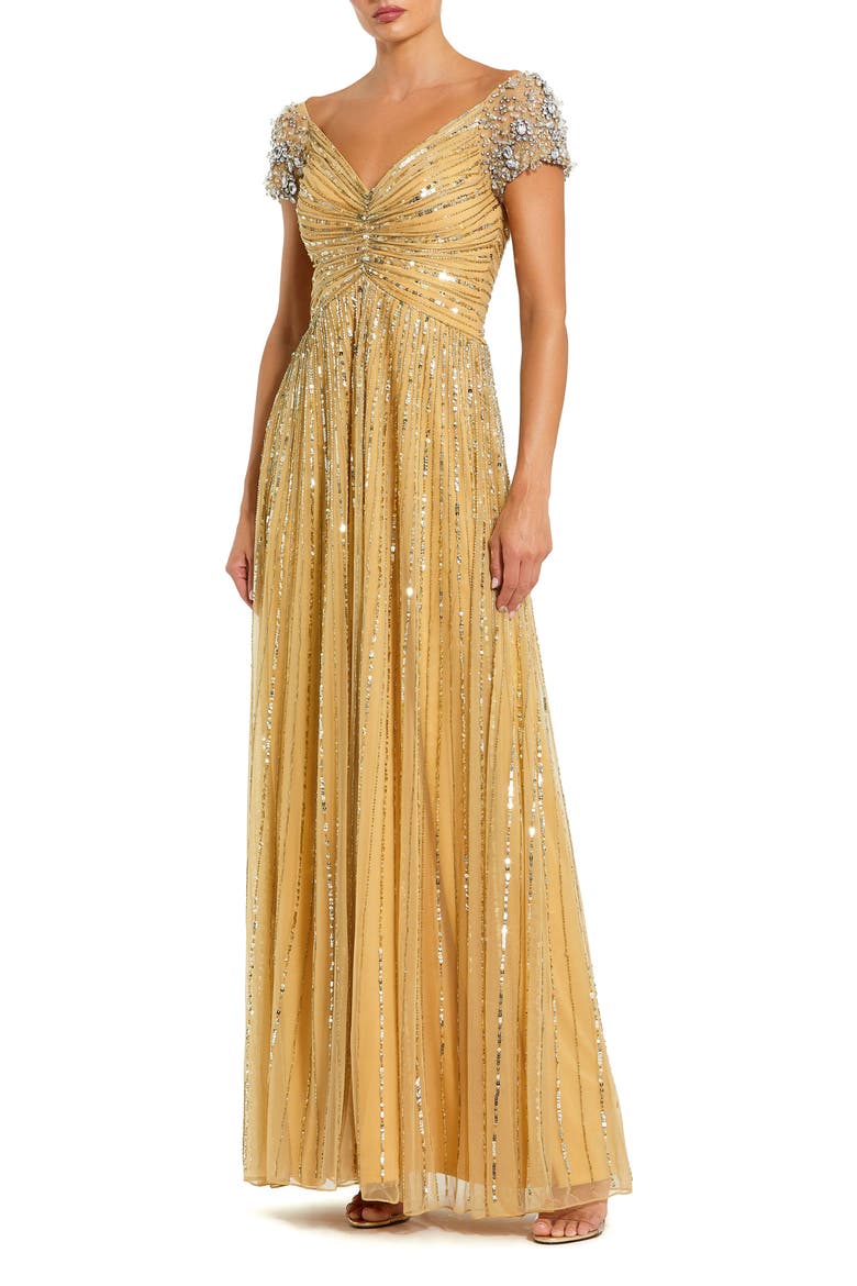 Beaded Cap Sleeve V-Neck A-Line Evening Gown, Main, color, Gold