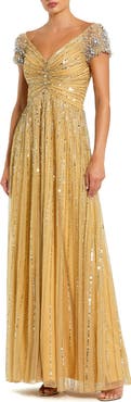 Mac Duggal Striped Sequin Mesh Gown With Beaded Shoulders