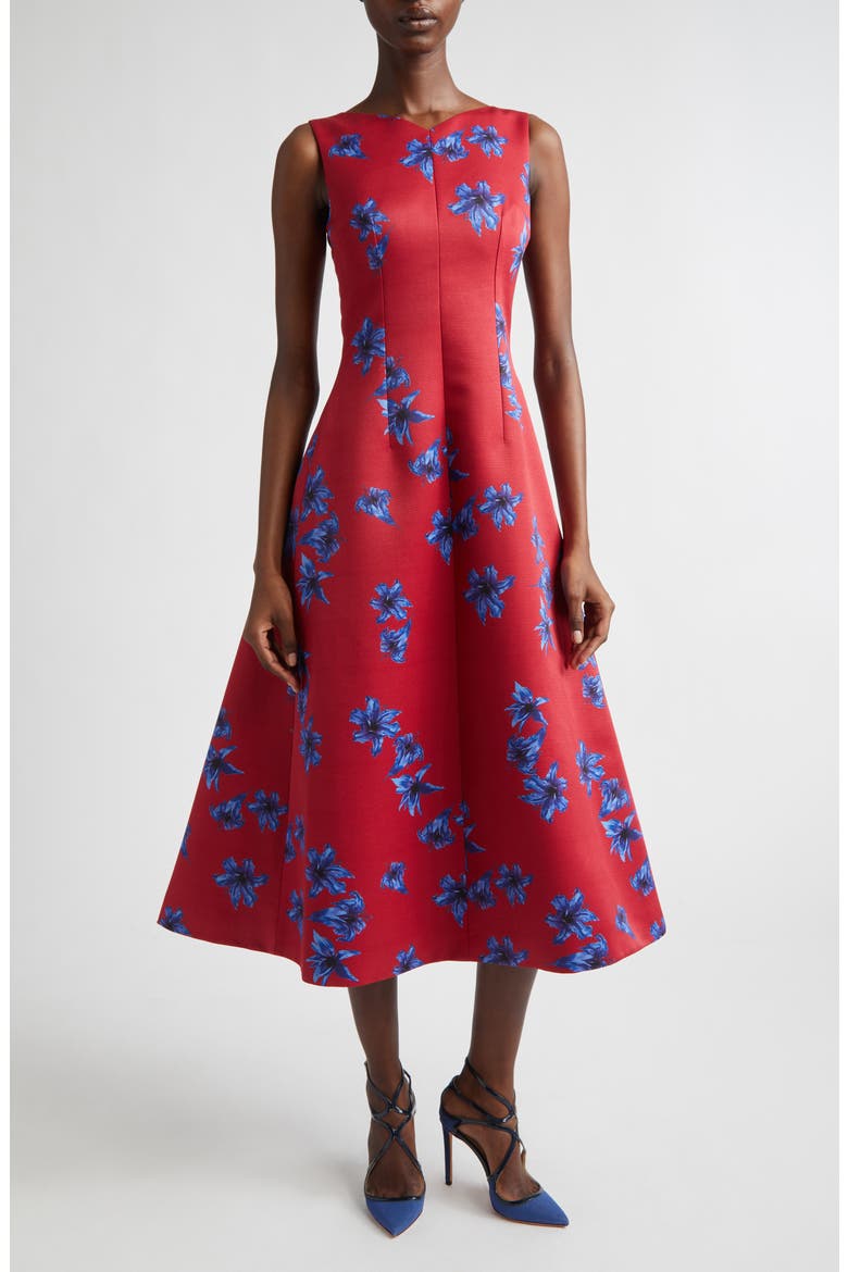 Octavie Festive Lilies Faille Fit & Flare Midi Dress, Main, color, FESTIVE LILLIES - RED BLUE